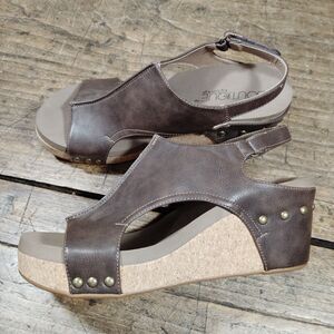 Corkys Boutique Sz 9 Carley Sandals Brown Cork Platform Wedge Slingback Open Toe